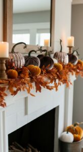 Colorful pumpkin harvest fall mantel decor with autumn leaves and candles.