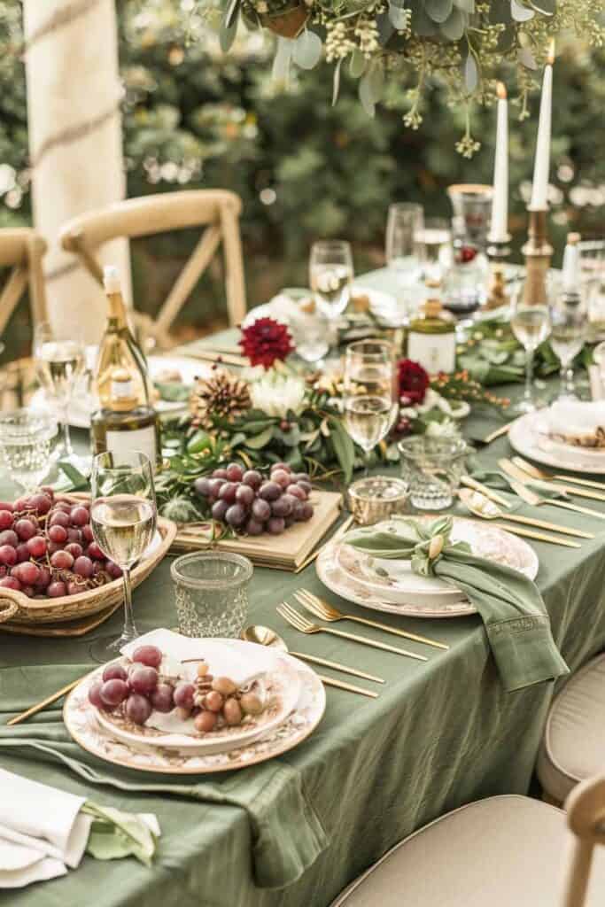 Elegant outdoor dining table setup with grapes, candles, and greenery for a wedding or celebration.