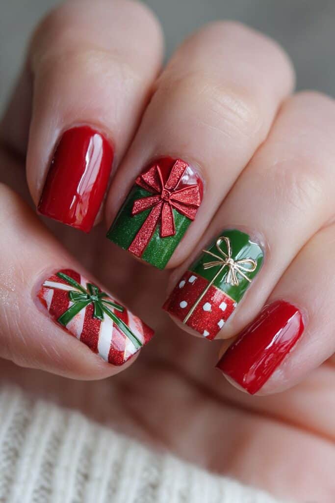 Festive Christmas nail art with red, green, and bow designs for holiday season.