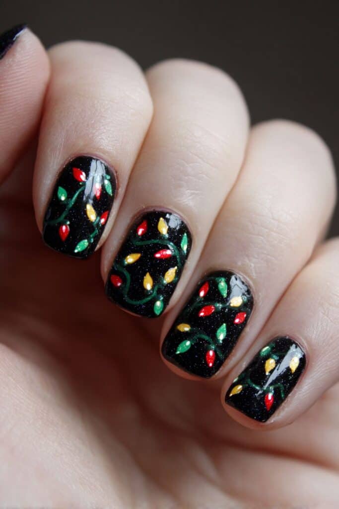 Christmas holiday Christmas lights nail art design on natural nails.