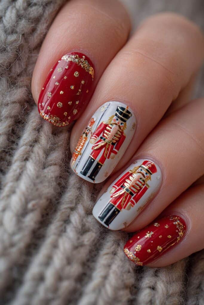 Red and white Christmas nail art with Nutcracker design and gold glitter accents.