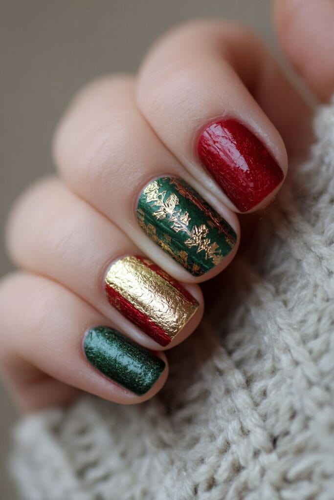 Festive Christmas nail art with red, green, and gold metallic accents.