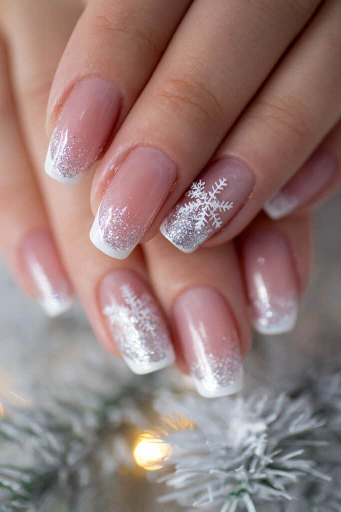 Frosted holiday nails with snowflake design and glitter accents.