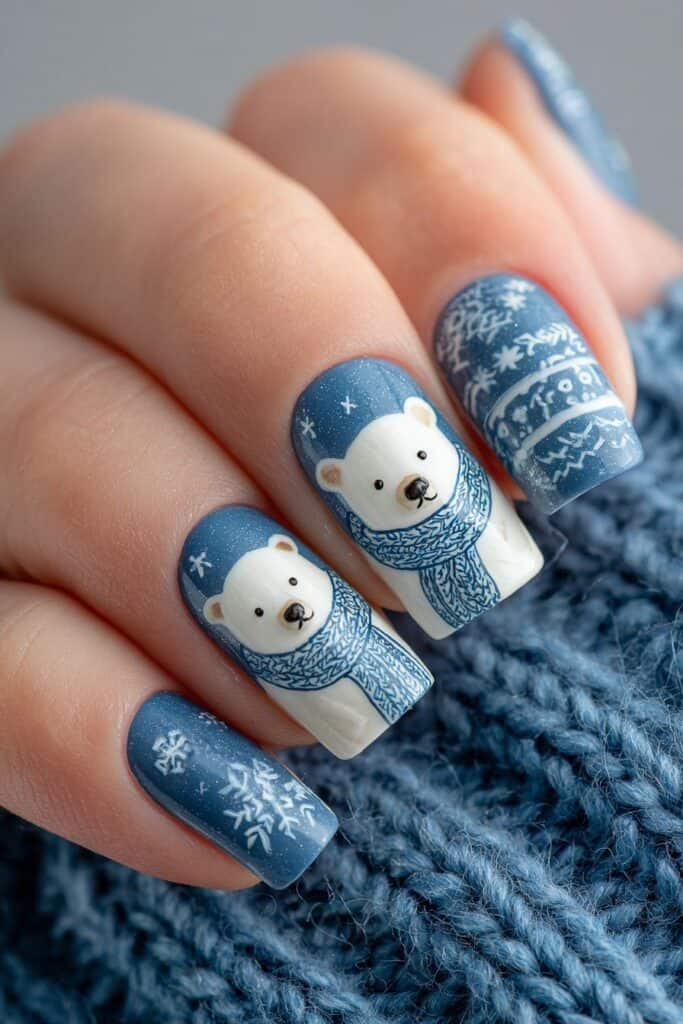 White polar bear nail art on blue winter holiday themed nails, snowflakes design, seasonal manicure.