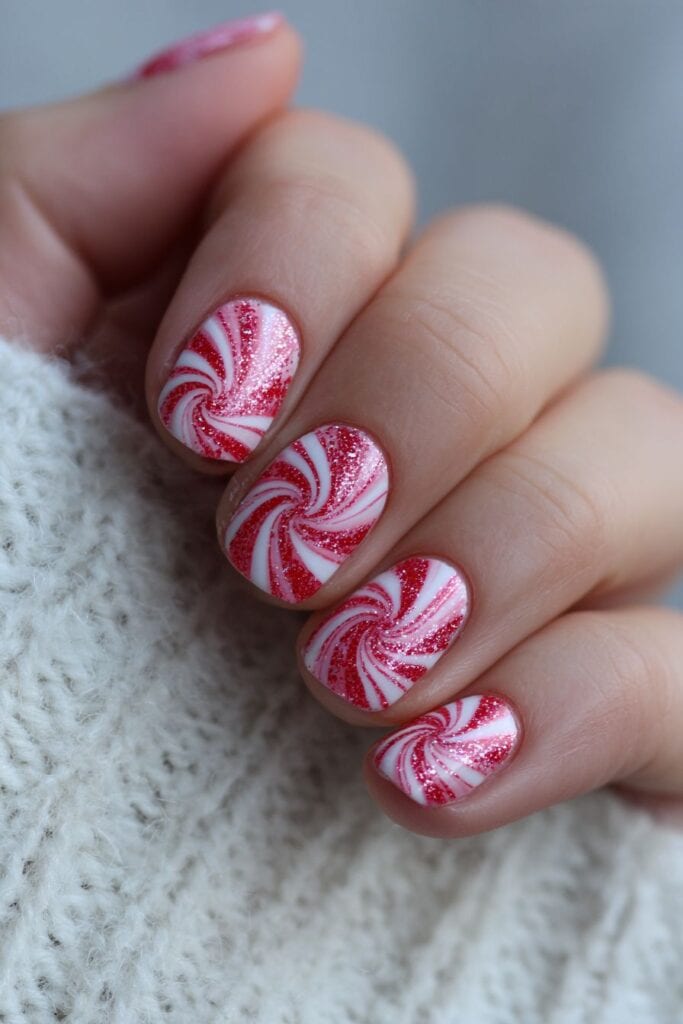 Red and white peppermint swirl nail art with glitter accents.