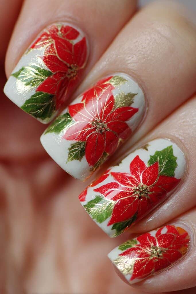 Red poinsettia nail art with gold accents and green leaves on festive holiday nails.