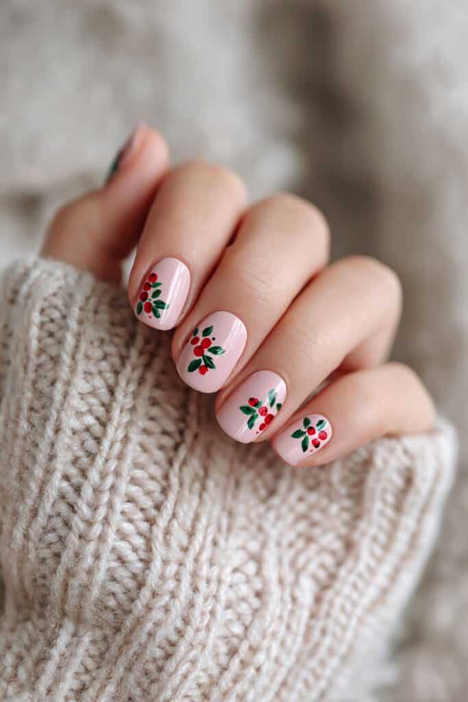 Christmas holly nail art with red berries and green leaves on a soft pink manicure.