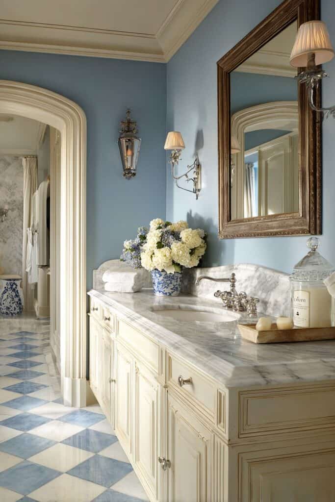 Luxury bathroom vanity with marble countertop and floral decor in elegant home interior.