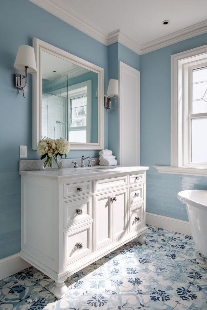 Bright coastal bathroom with white vanity, floral decor, and blue tile accents.