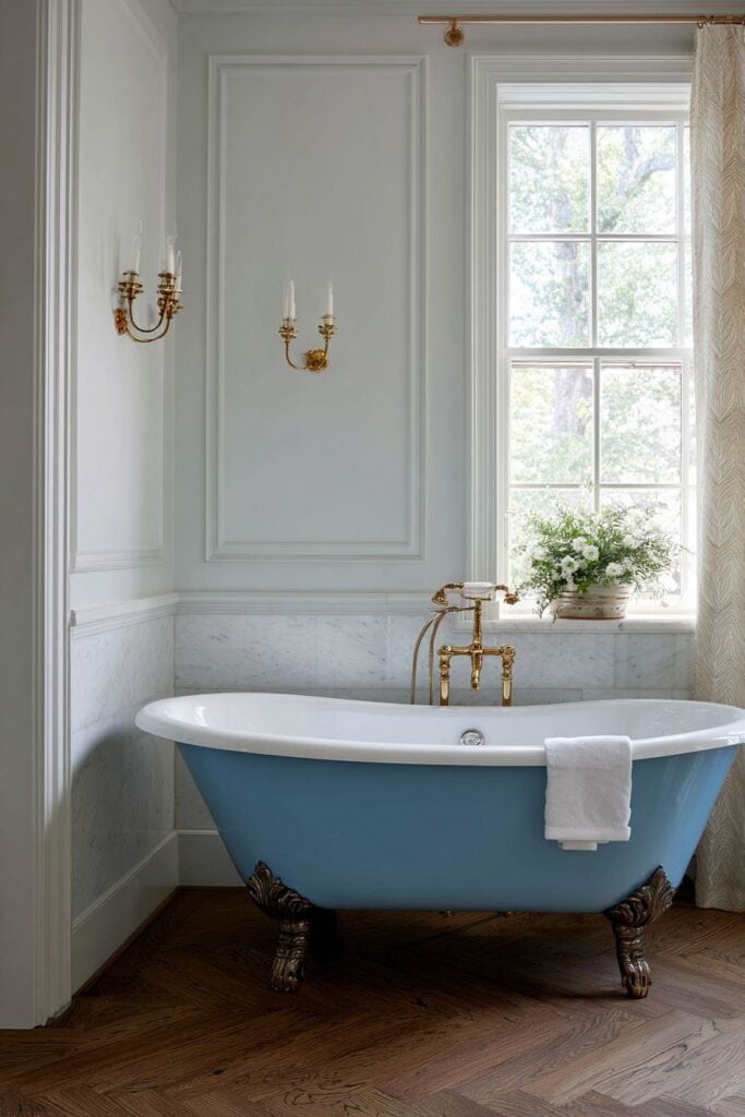 Vintage blue clawfoot bathtub with brass fixtures in elegant bathroom decor.
