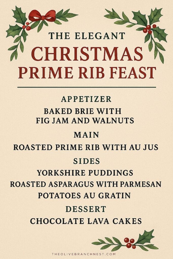 Festive holiday menu featuring Christmas prime rib feast with sides and dessert.