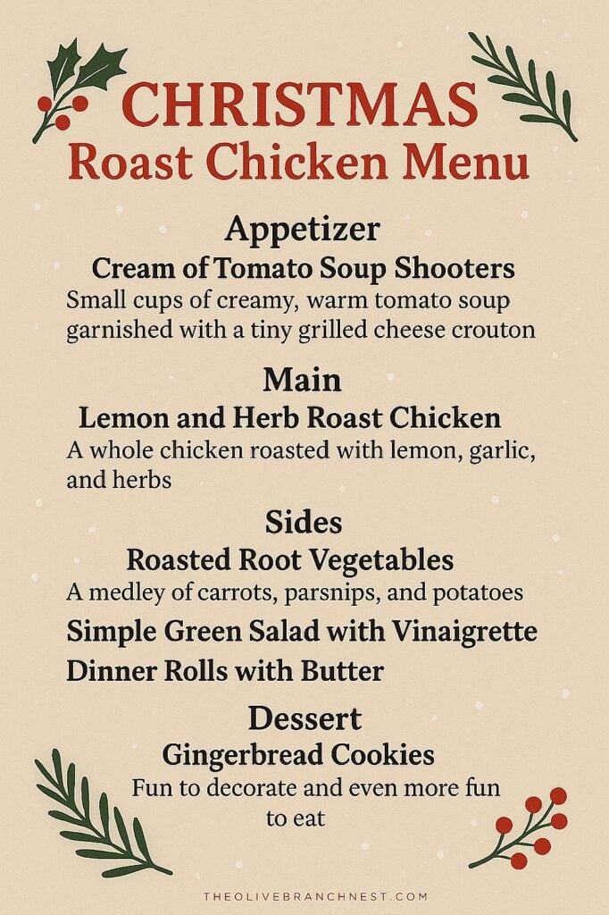 Christmas Roast Chicken Menu with Appetizer, Main, Sides, and Dessert - The Olive Branch Nest.