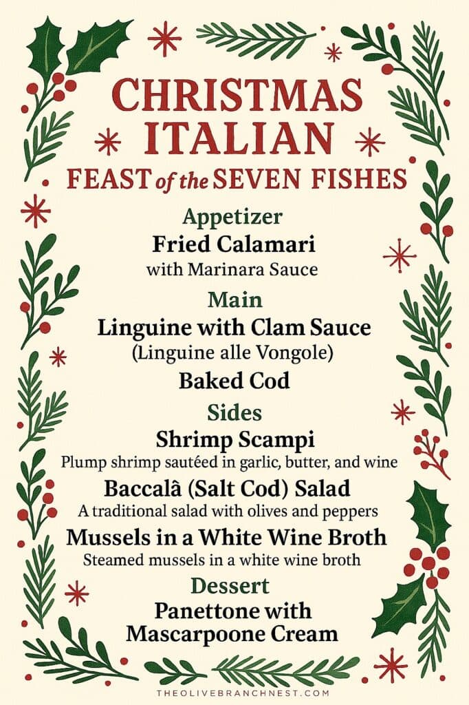 Christmas Italian feast menu with seafood, pasta, sides, and dessert - The Olive Branch Nest.