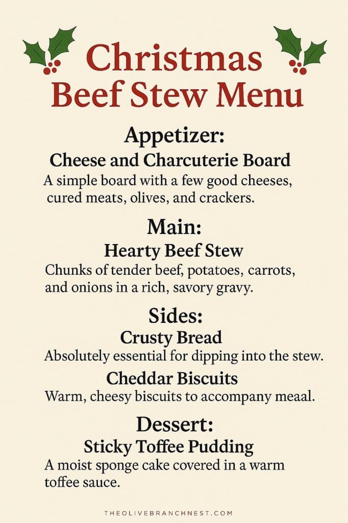 Fresh Christmas beef stew menu with hearty ingredients and delicious sides.