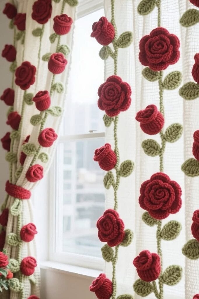 Vivid red knitted roses and green leaves curtain tie-back decor in a cozy home setting, handmade.
