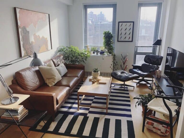 Cozy modern living room with leather sofa, armchair, and greenery in natural light.