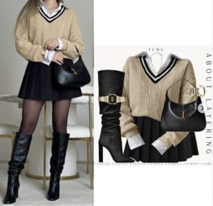 Chic fall outfit with sweater, skirt, and knee-high black boots.
