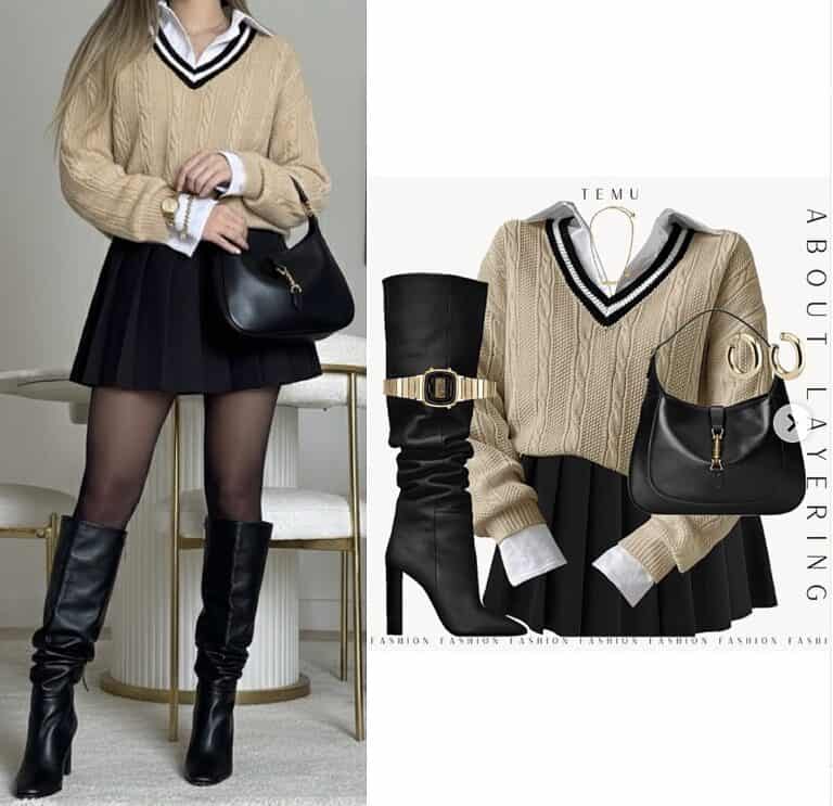 Chic fall outfit with sweater, skirt, and knee-high black boots.