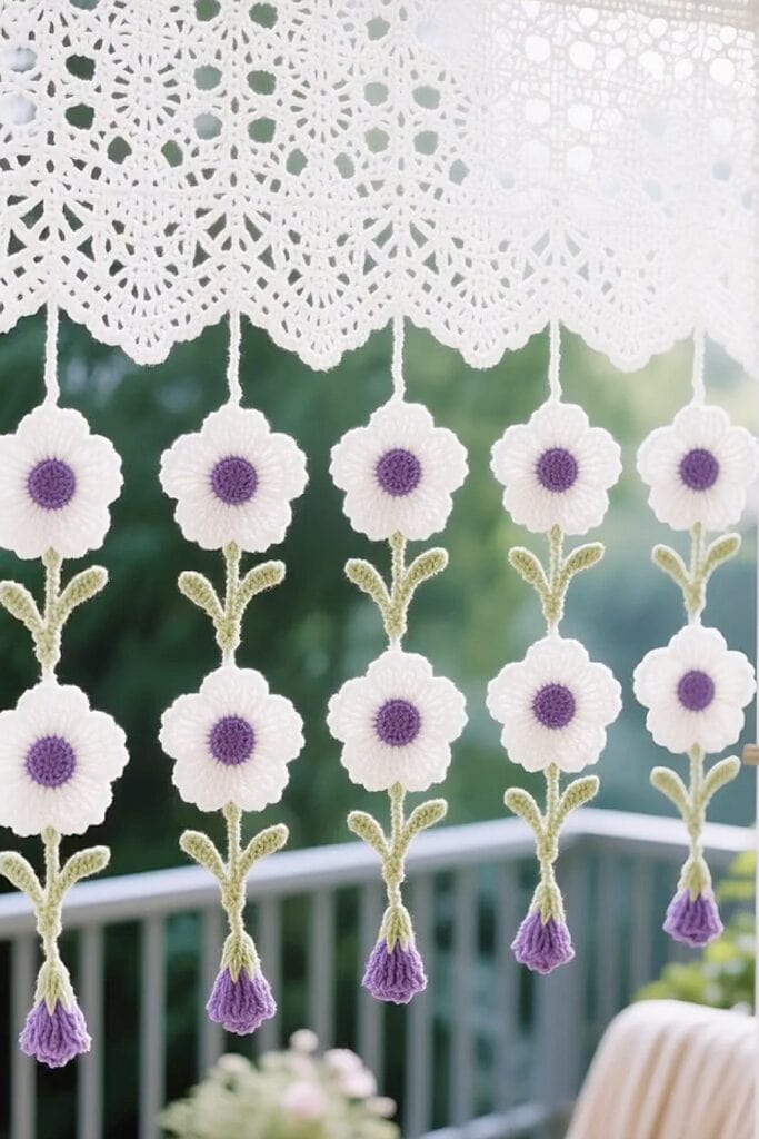 Vineyard or garden decorative doily with handcrafted embroidered flowers hanging.