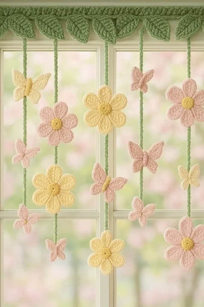 Colorful knitted flower and butterfly window curtain decoration, handmade crochet art.