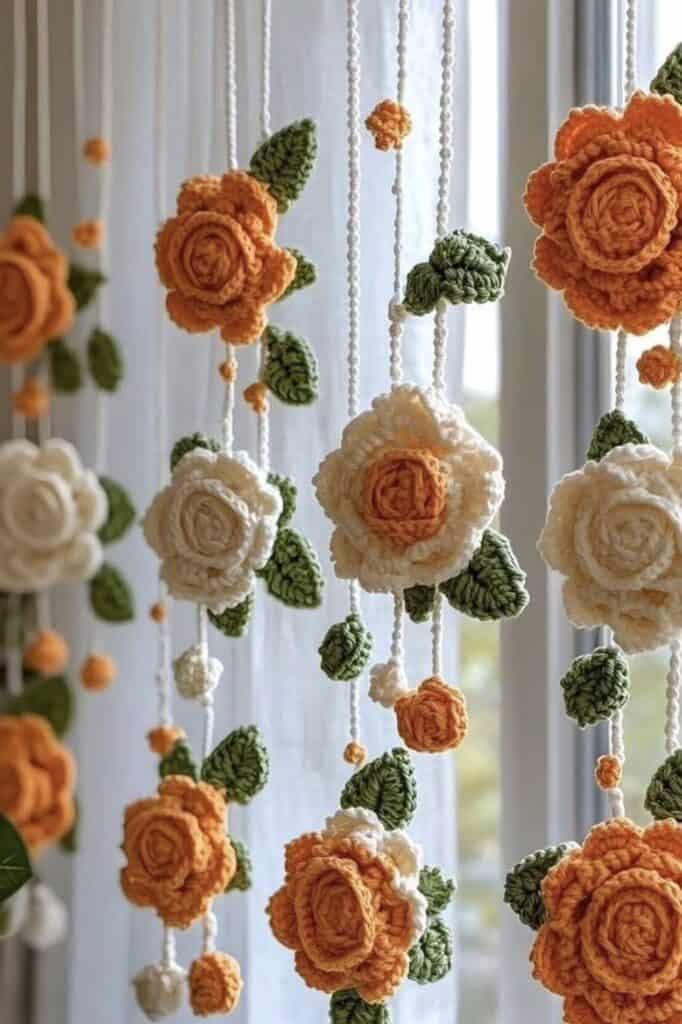 Colorful crochet floral hanging decoration for home decor, handmade flower wall art.