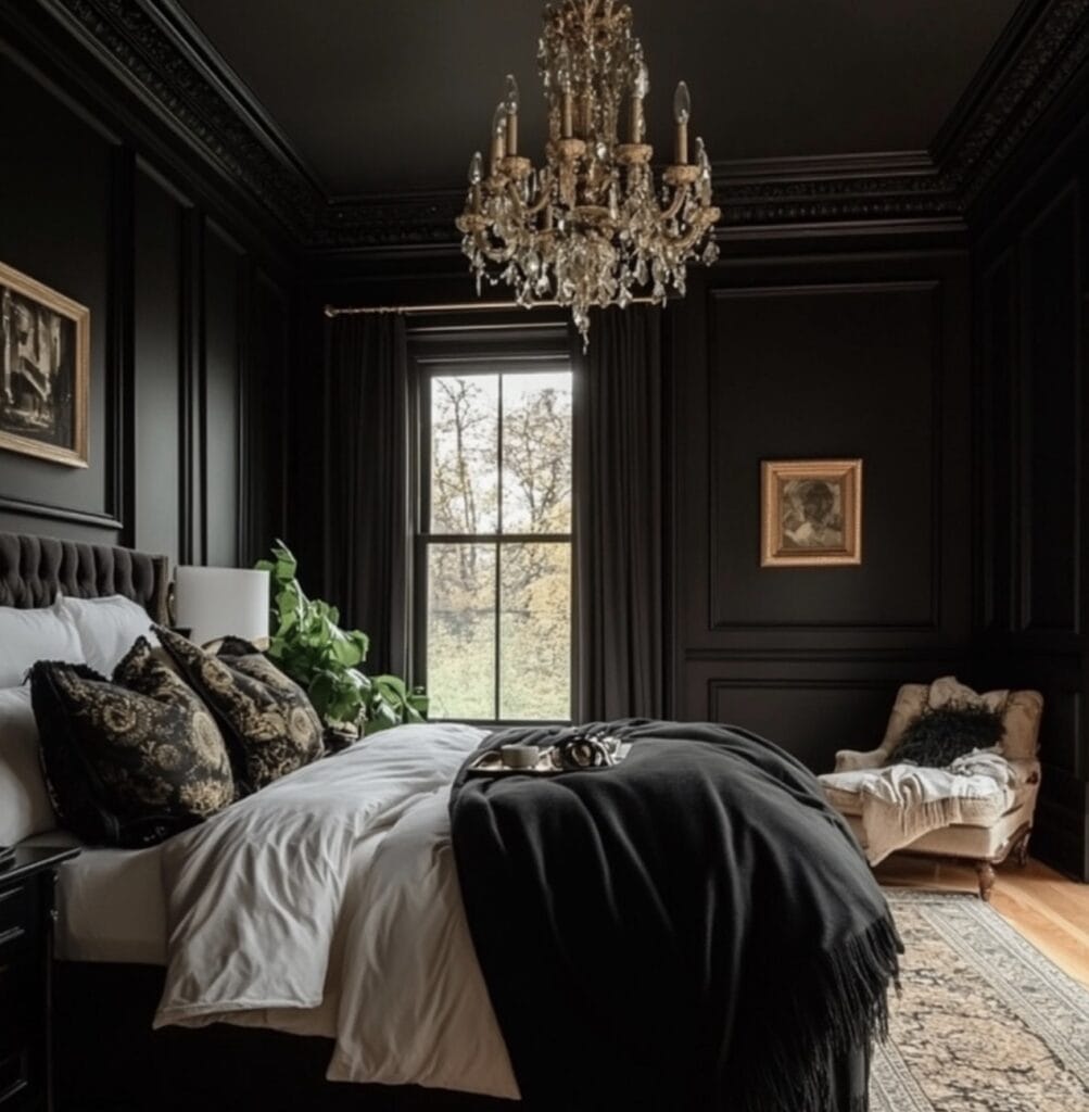 Luxurious dark-themed bedroom with chandelier and elegant decor at The Olive Branch Nest.