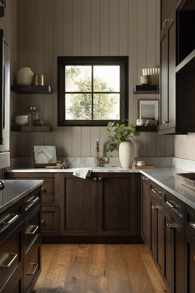 Bright kitchen with dark wood cabinets, marble countertops and window view.