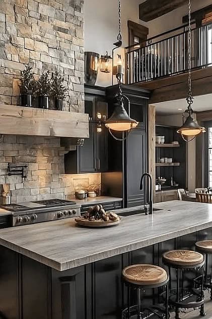 Stylish kitchen with stone fireplace and wooden accents.