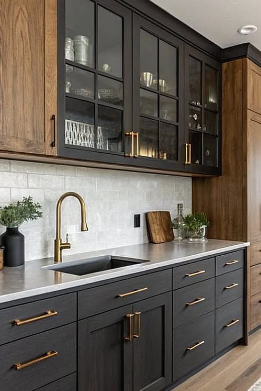 Kitchen cabinets with navy blue finish and gold hardware in a stylish home kitchen.