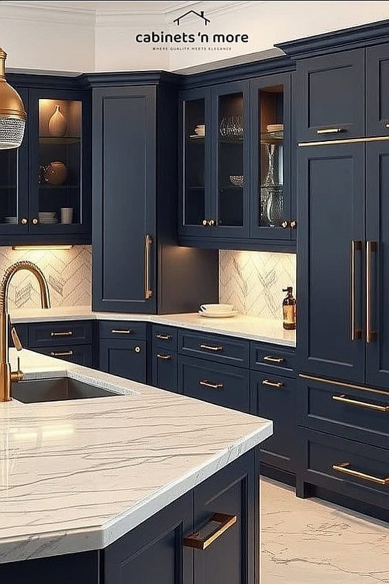 Luxury navy kitchen cabinets with gold accents and marble countertops.
