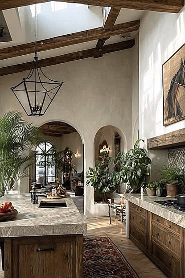 Elegant farmhouse kitchen with rustic wooden beams and natural decor.