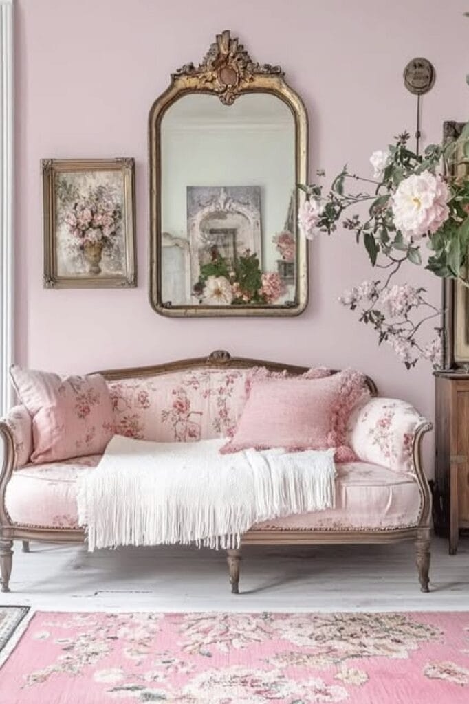 Elegant pink sofa with floral upholstery and cushions.