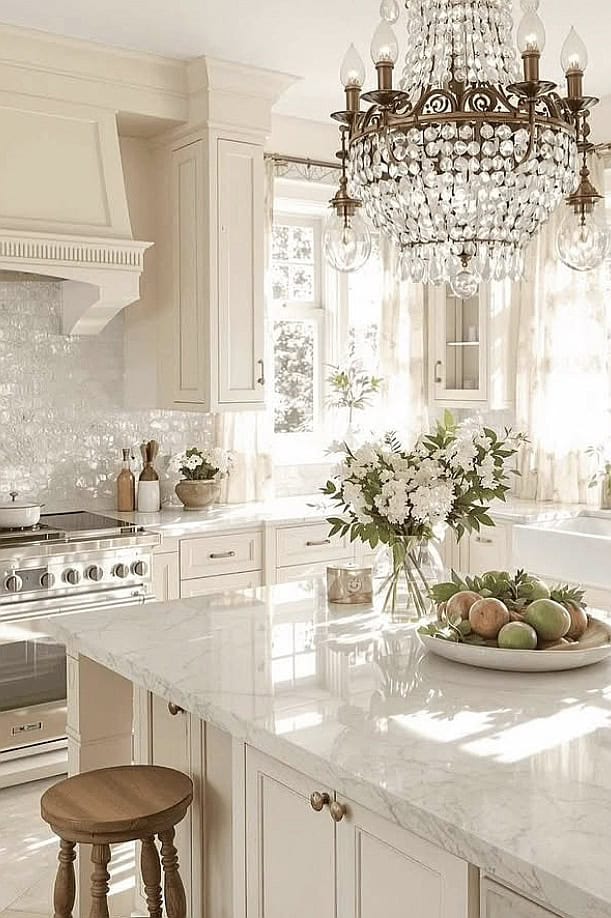 Beautiful white kitchen with marble countertops, elegant chandelier, and fresh flowers.