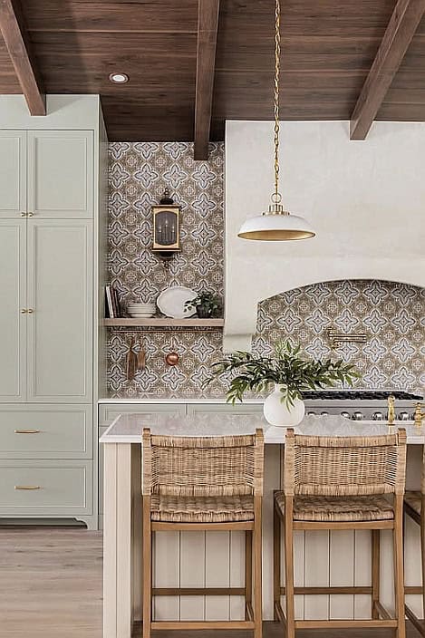 Bright kitchen with patterned backsplash and natural wood accents.