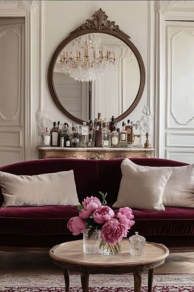 Detailed description of the elegant vintage-style living room with floral decor and chandelier.