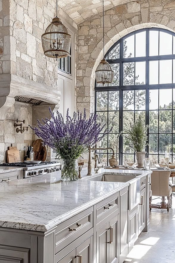 Bright kitchen featuring a large arched window, stone walls, and marble countertops.
