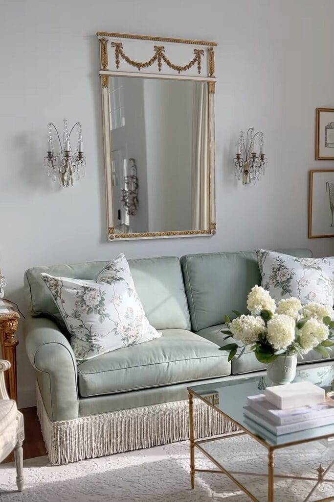 Vintage living room decor featuring floral cushions, antique mirror, and crystal wall sconces.