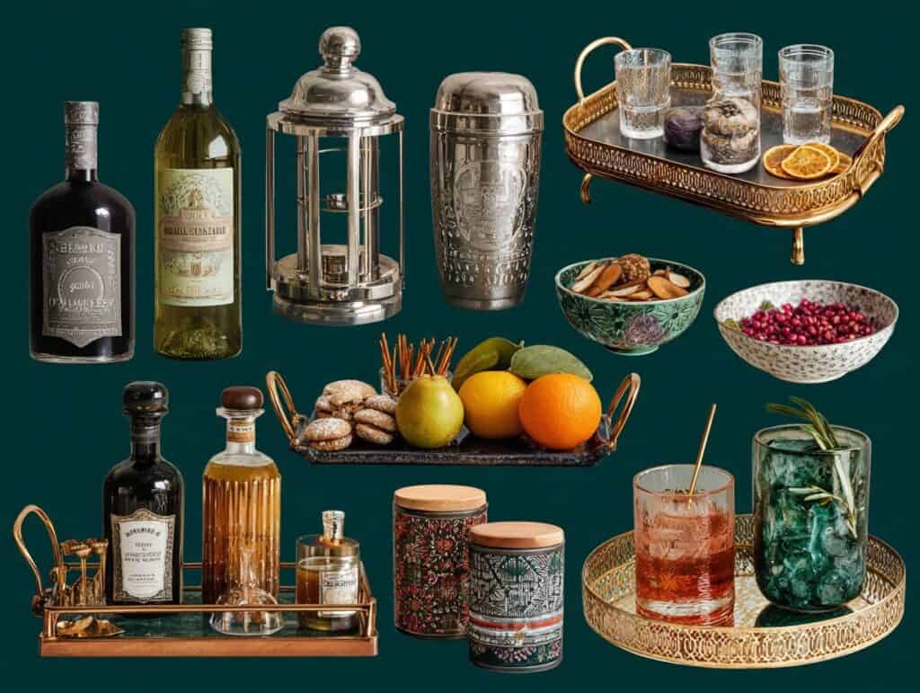 A stylish bar tray with glassware, fruits, and decorative accessories for home bar decor.