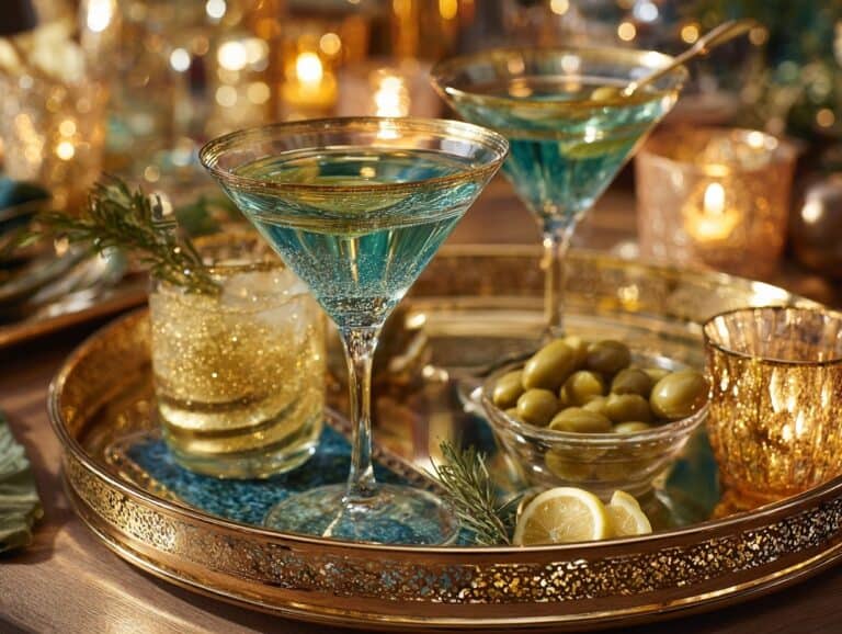 Glamorous beverage tray featuring blue cocktails, lemons, and gold decor for holiday gatherings.