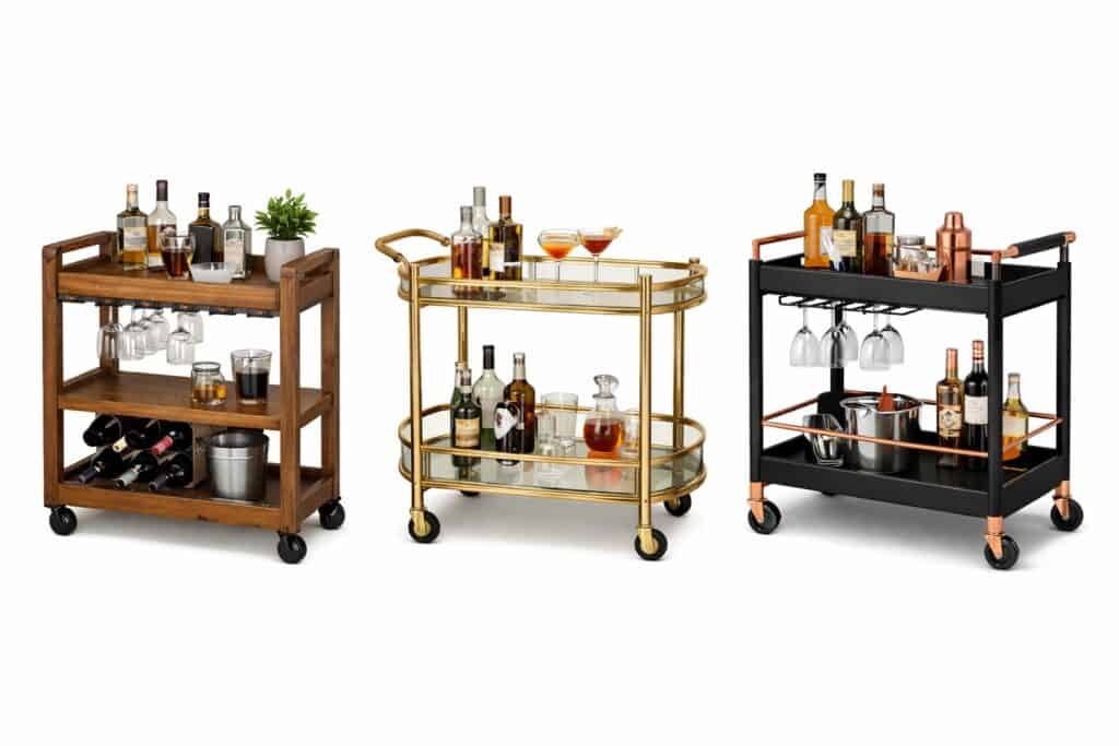 Stylish bar carts featuring gold, black, and wood finishes with drinks and accessories.
