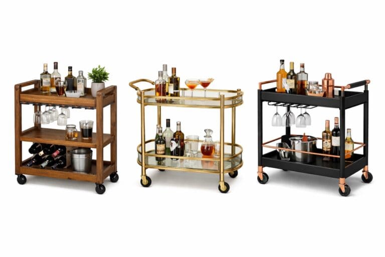 Stylish bar carts featuring gold, black, and wood finishes with drinks and accessories.