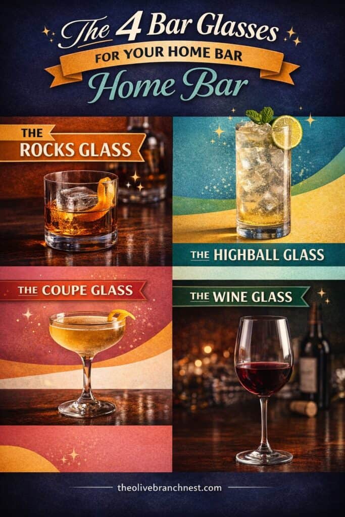 Elegant bar glasses for home bar, including rocks, highball, coupe, and wine glasses.