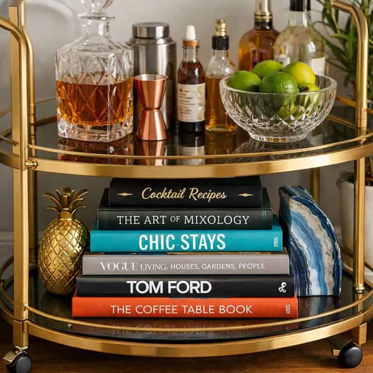 Elegant bar cart with glassware, bottles, and decorative books for small spaces.