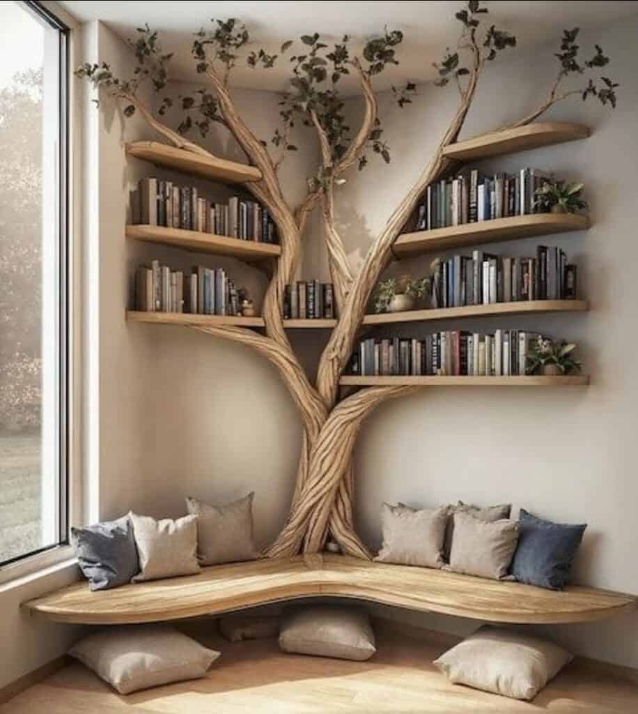 Unique wooden tree bookshelf with built-in seating and shelves for books, cozy interior decor.