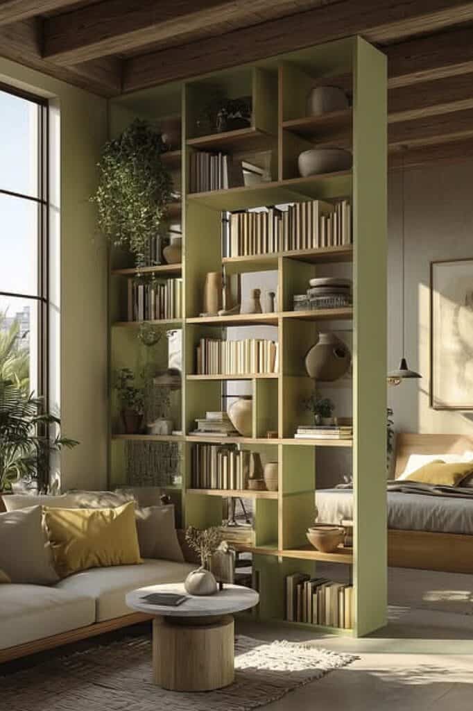ALT: Modern living room featuring a tall open bookshelf, cozy sofa, and large window with abundant natural light.