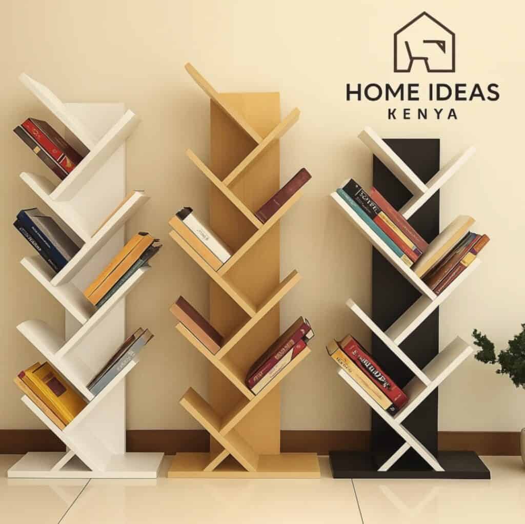 Stylish diagonal bookshelves in white, natural, and black finishes with books arranged.