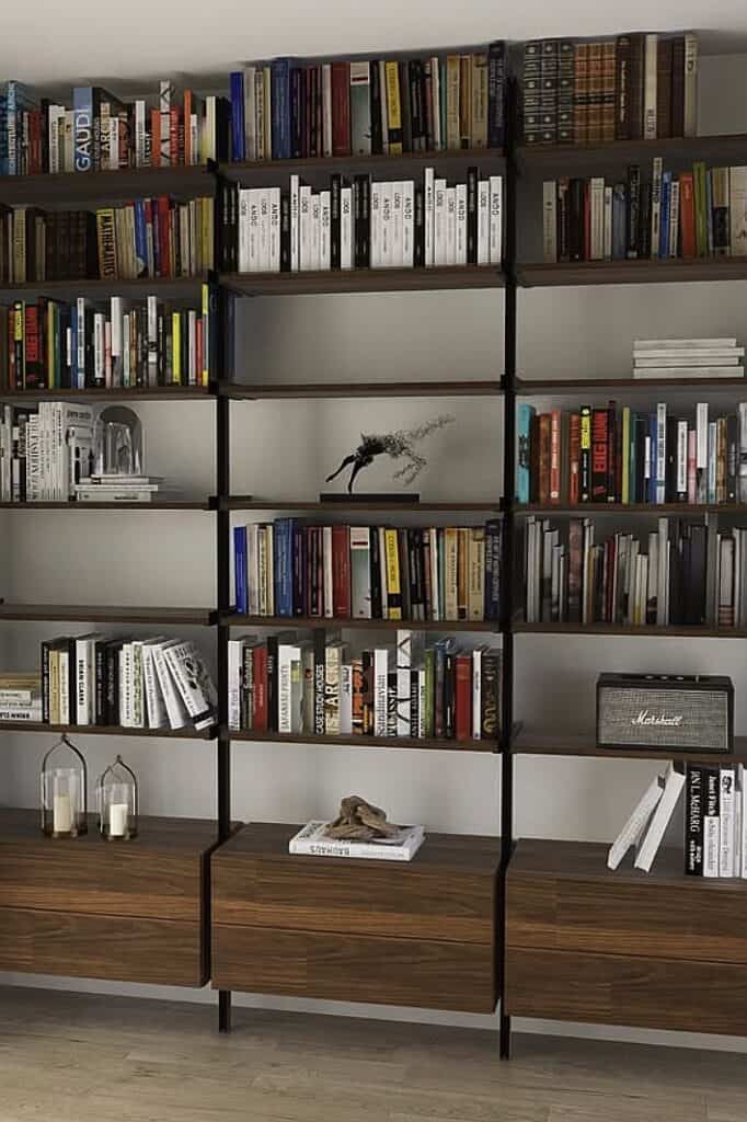 Stylish bookshelf with contemporary decor and collection of books for home decor.