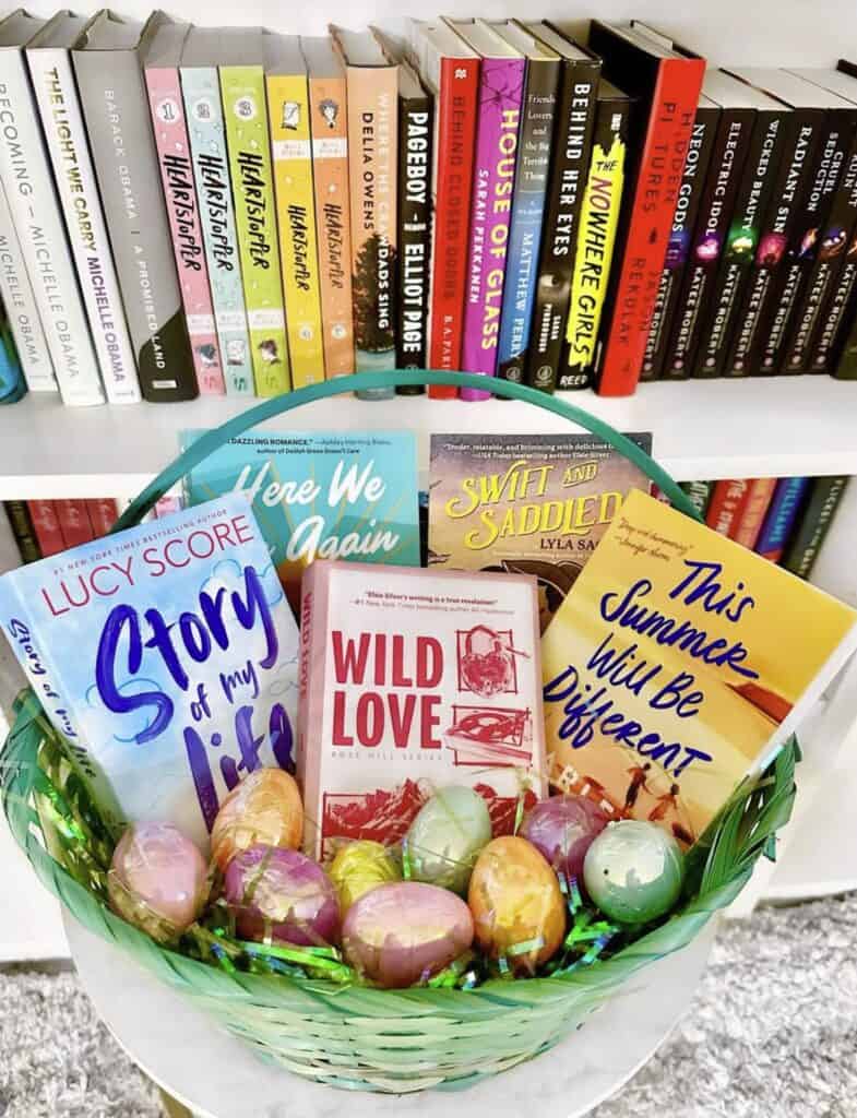 Bright Easter basket filled with colorful eggs and reading materials