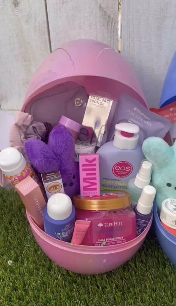 Colorful self-care basket with skincare products and plush items