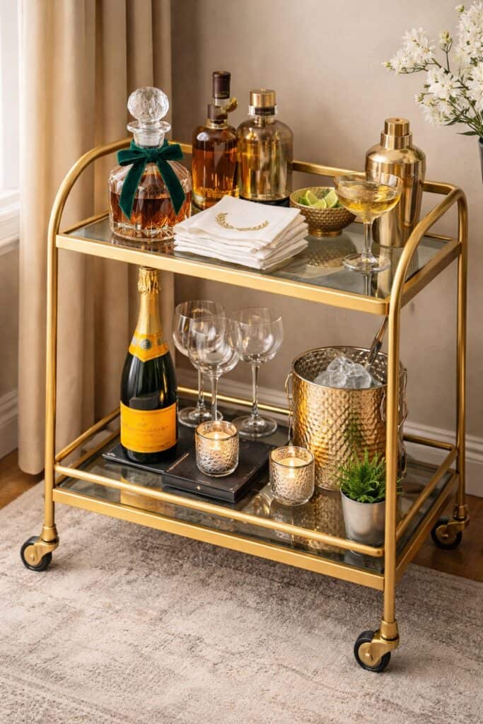 Luxurious gold bar cart styled with drinkware, spirits, and decorative accents for elegant entertaining.